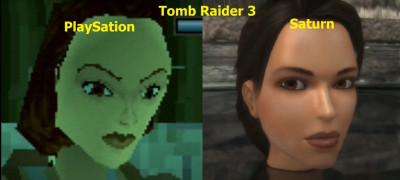 Um close-up de Lara Croft. No Saturn, graças ao desempenho dos 2 chips gráficos, foi possível renderizar o rosto da personagem com gráficos vetoriais e tesselação, algo inédito nos anos 90 e impossível de ser feito no PSX.