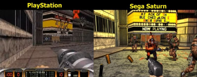 Comparativo Duke Nukem 3D versões PSX e Saturn. Observem como no Saturn a imagem é mais nítida, clara, iluminada e em HD, apesar do console rodar games em CD.